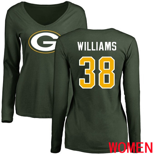 Green Bay Packers Green Women #38 Williams Tramon Name And Number Logo Nike NFL Long Sleeve T Shirt